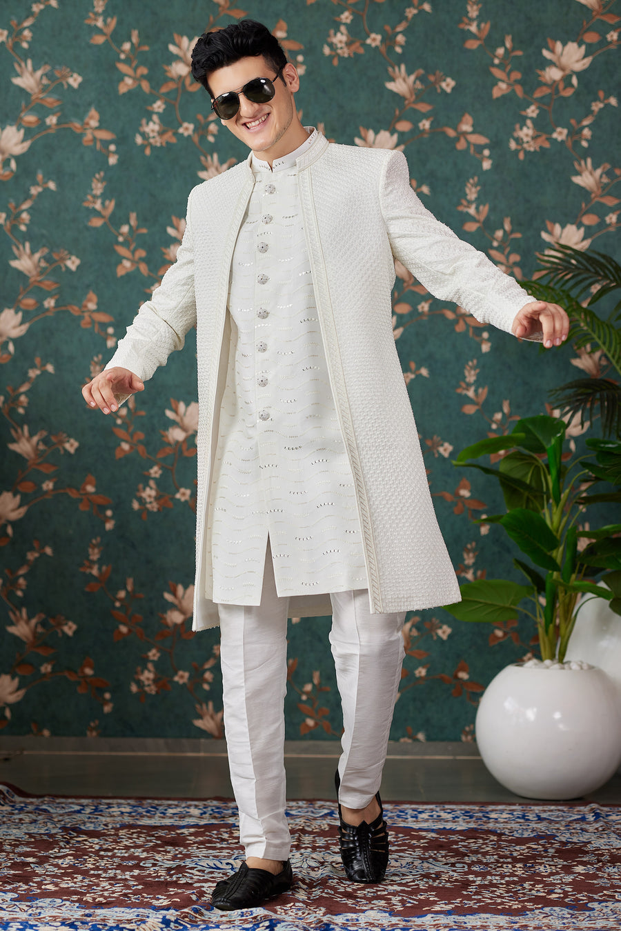 Cream Art Silk Traditional Sherwani Long Kurta & Pant for Men for Wedding - Embroidery Work, Bead Work