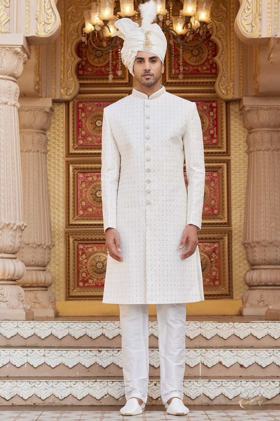 Cream Art Silk Traditional Sherwani Long Kurta & Pant for Men for Wedding - Embroidery Work