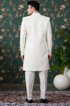 Cream Art Silk Traditional Sherwani Long Kurta & Pant for Men for Wedding - Embroidery Work, Bead Work