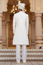 Cream Art Silk Traditional Sherwani Long Kurta & Pant for Men for Wedding - Embroidery Work