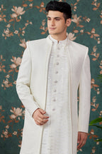 Cream Art Silk Traditional Sherwani Long Kurta & Pant for Men for Wedding - Embroidery Work, Bead Work