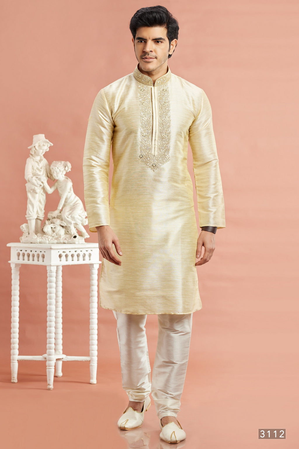 Cream Banarasi Art Silk Plain Kurta Pajama for Men for Festival & Wedding - Embroidery Work