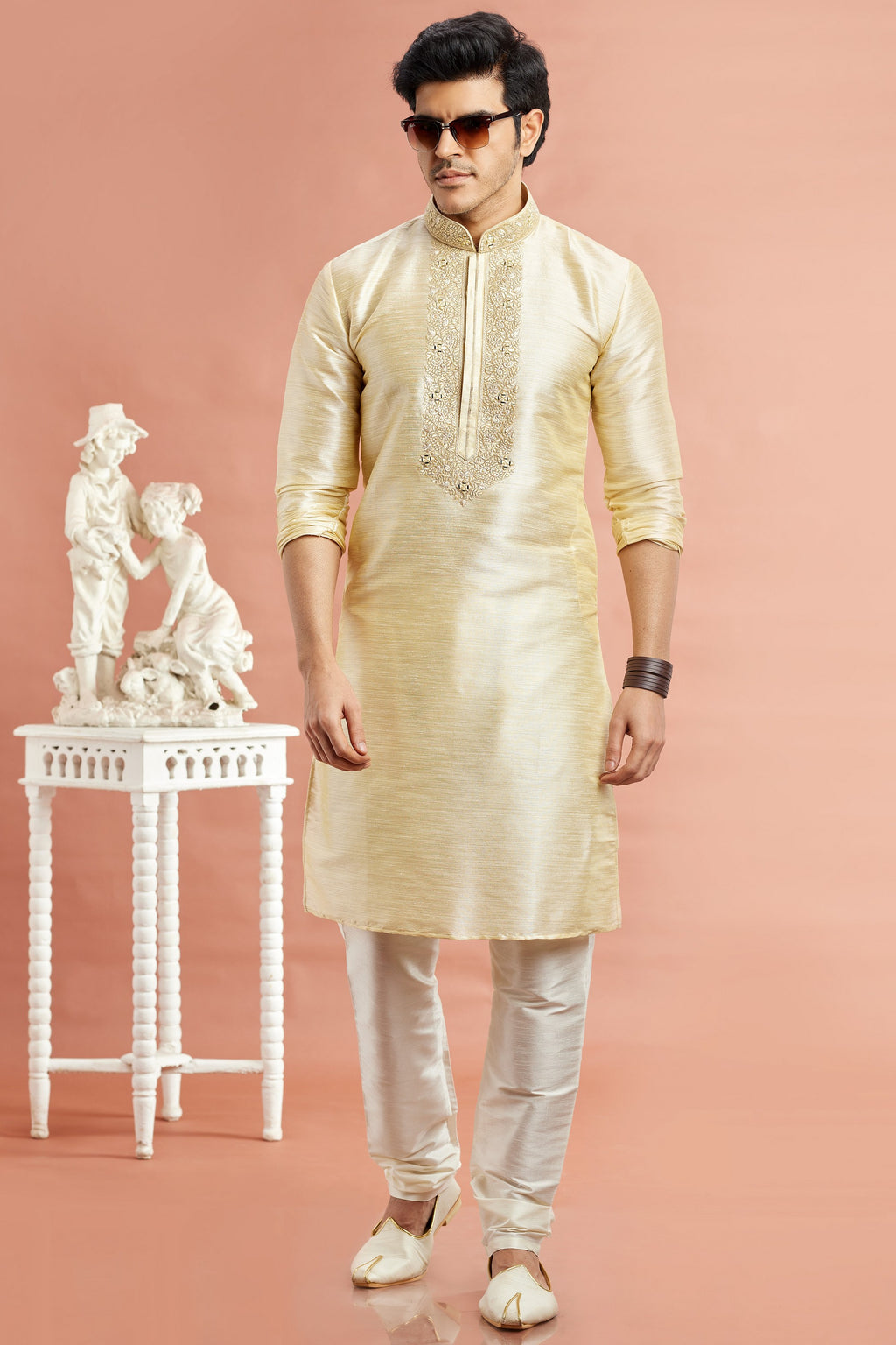 Cream Banarasi Art Silk Plain Kurta Pajama for Men for Festival & Wedding - Embroidery Work