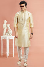 Cream Banarasi Art Silk Plain Kurta Pajama for Men for Festival & Wedding - Embroidery Work