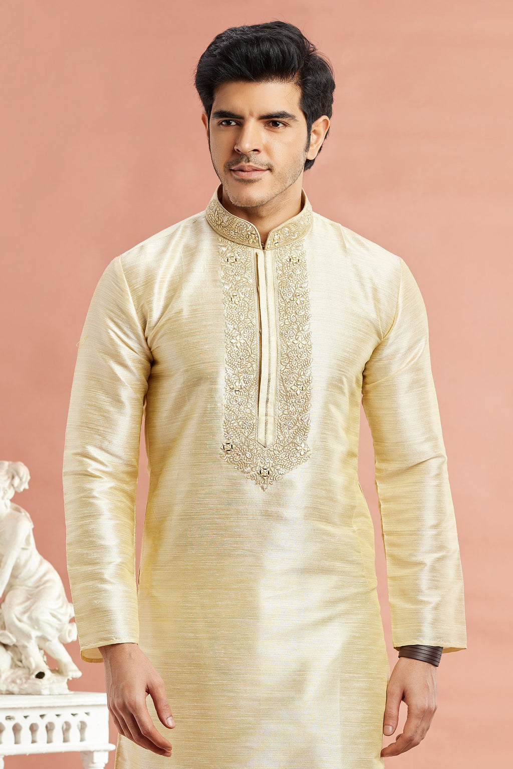 Cream Banarasi Art Silk Plain Kurta Pajama for Men for Festival & Wedding - Embroidery Work