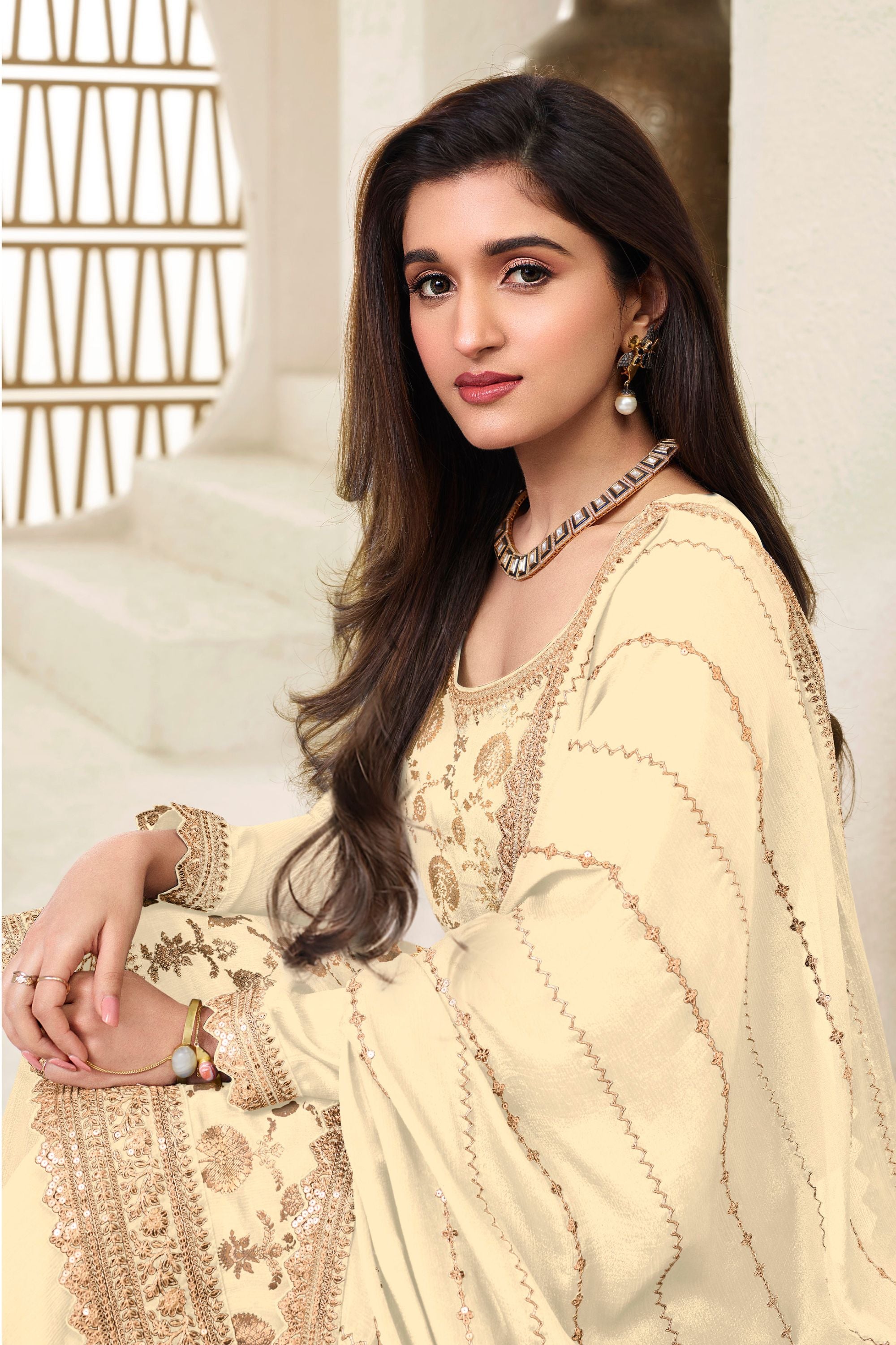 Cream Chinon Jacquard Silk Palazzo Suit For Indian Festivals & Pakistani Plazo Weddings Dress