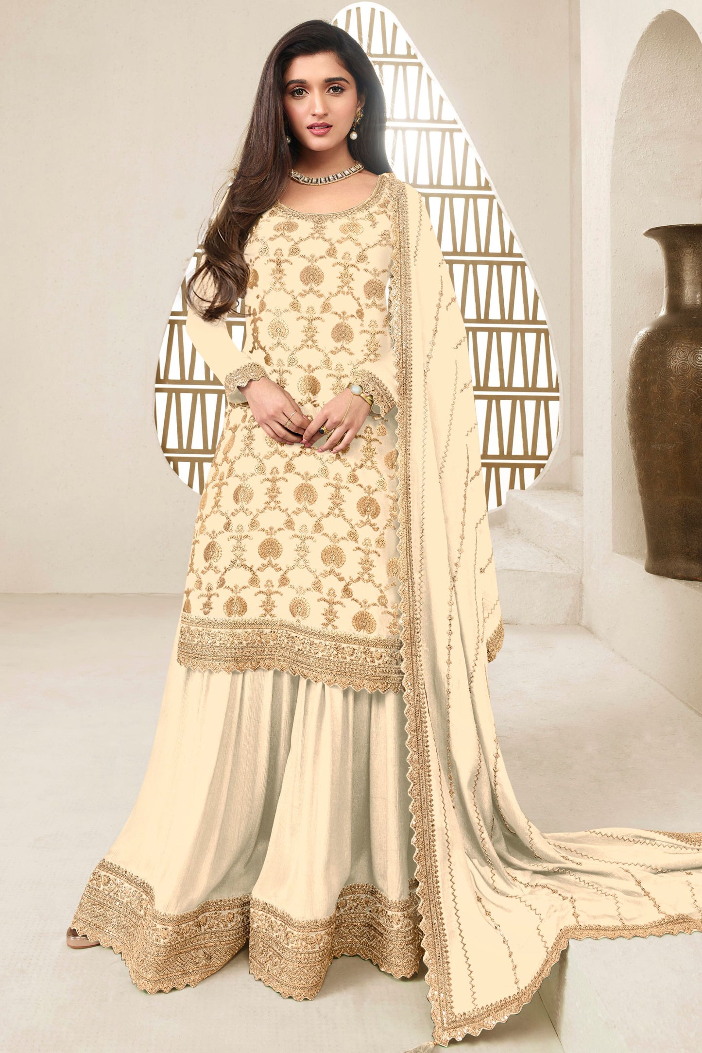 Cream Chinon Jacquard Silk Plus Size Upto 7XL Size Palazzo Suit For Indian Festivals & Pakistani Plazo Weddings Dress - Embroidery Work