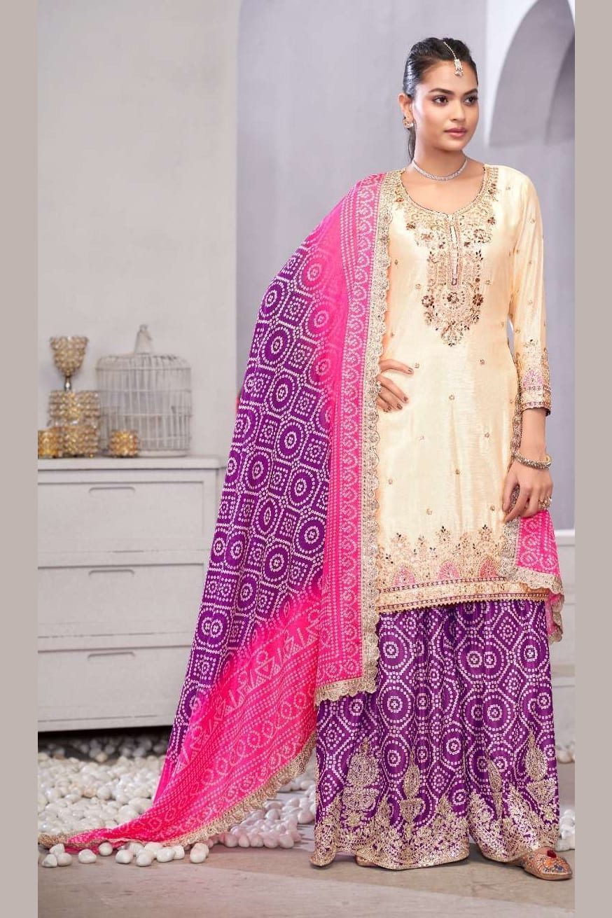 Cream Chinon Silk Bandhani Printed Plazo Suit For Indian & Pakistani Wedding Festival - Embroidery Work, Real Mirror Work, Print Work