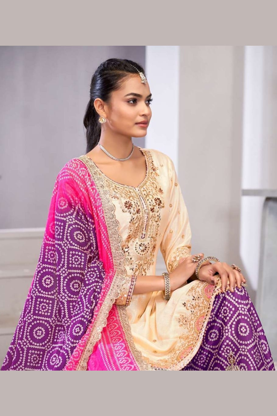 Cream Chinon Silk Bandhani Printed Plazo Suit For Indian & Pakistani Wedding Festival - Embroidery Work, Real Mirror Work, Print Work