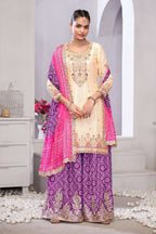 Cream Chinon Silk Bandhani Printed Plazo Suit For Indian & Pakistani Wedding Festival - Embroidery Work, Real Mirror Work, Print Work