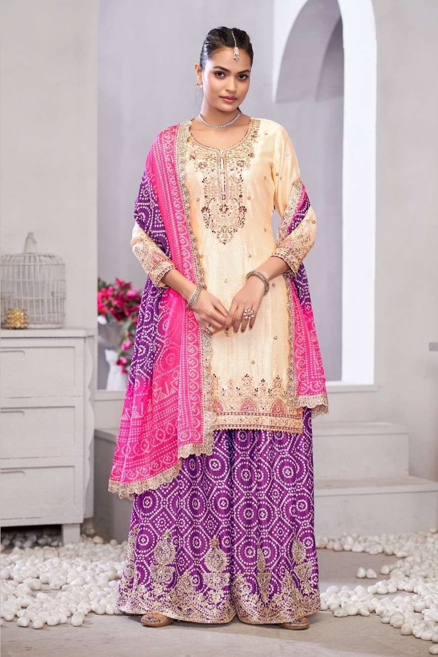 Cream Chinon Silk Bandhani Printed Plazo Suit For Indian & Pakistani Wedding Festival - Embroidery Work, Real Mirror Work, Print Work
