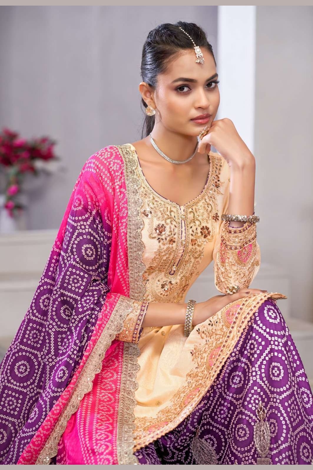 Cream Chinon Silk Bandhani Printed Plazo Suit For Indian & Pakistani Wedding Festival - Embroidery Work, Real Mirror Work, Print Work