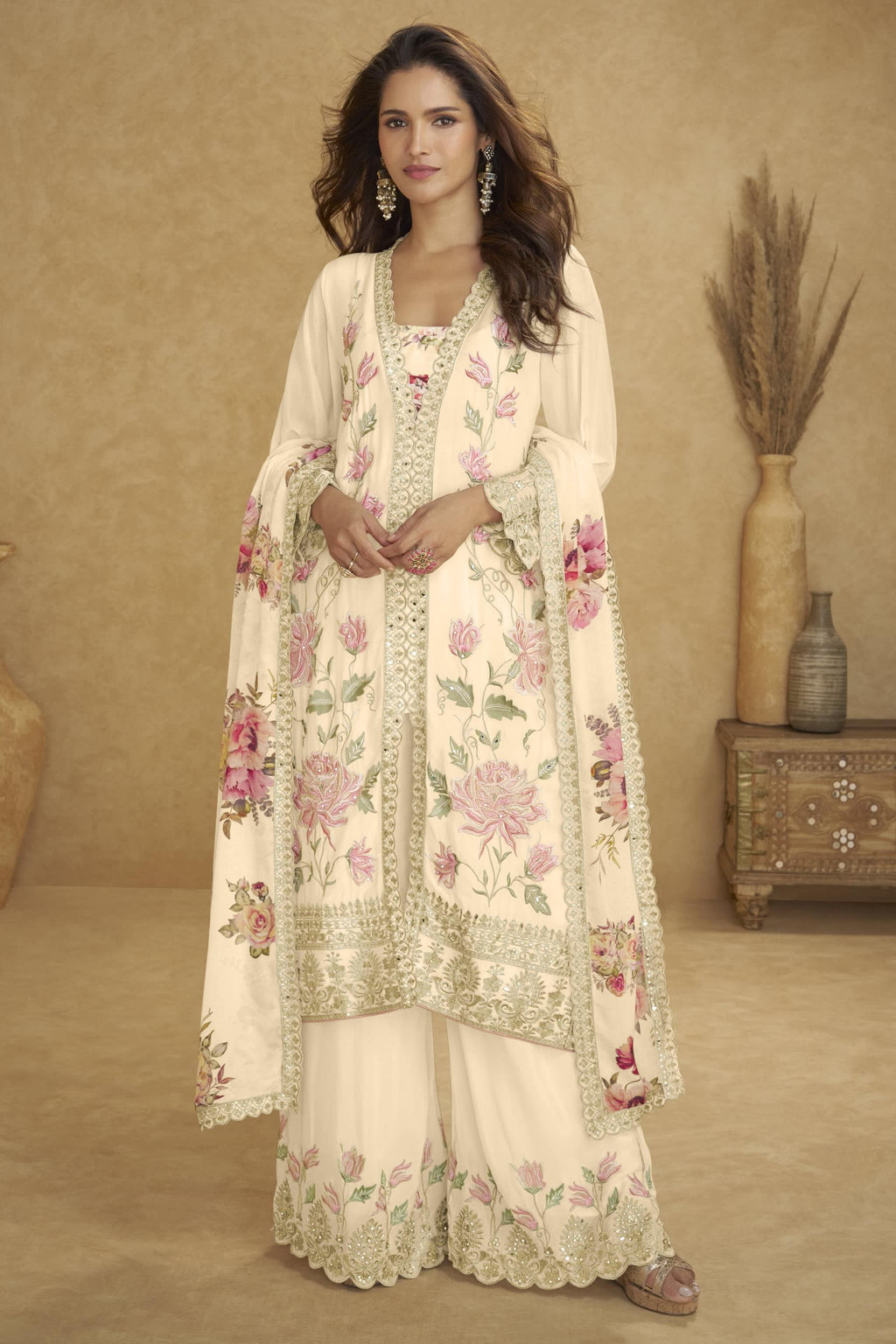 Cream Chinon Silk Flower Pastel Plazo Suits For Indian & Pakistani Wedding Festival - Sequins & Thread Embroidery Work, Print Work