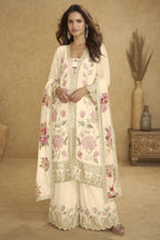 Cream Chinon Silk Flower Pastel Plazo Suits For Indian & Pakistani Wedding Festival - Sequins & Thread Embroidery Work, Print Work