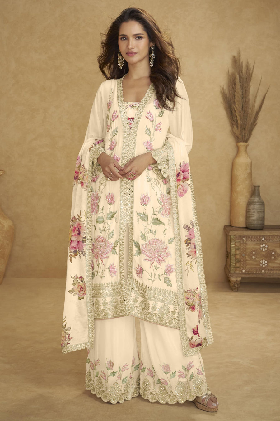 Cream Chinon Silk Flower Pastel Plazo Suits For Indian & Pakistani Wedding Festival - Sequins & Thread Embroidery Work, Print Work
