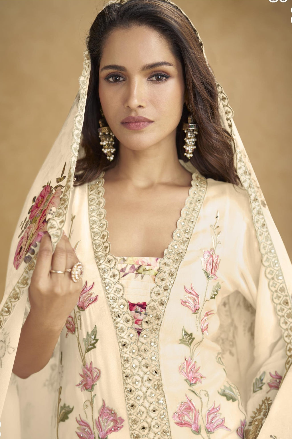 Cream Chinon Silk Flower Pastel Plazo Suits For Indian & Pakistani Wedding Festival - Sequins & Thread Embroidery Work, Print Work