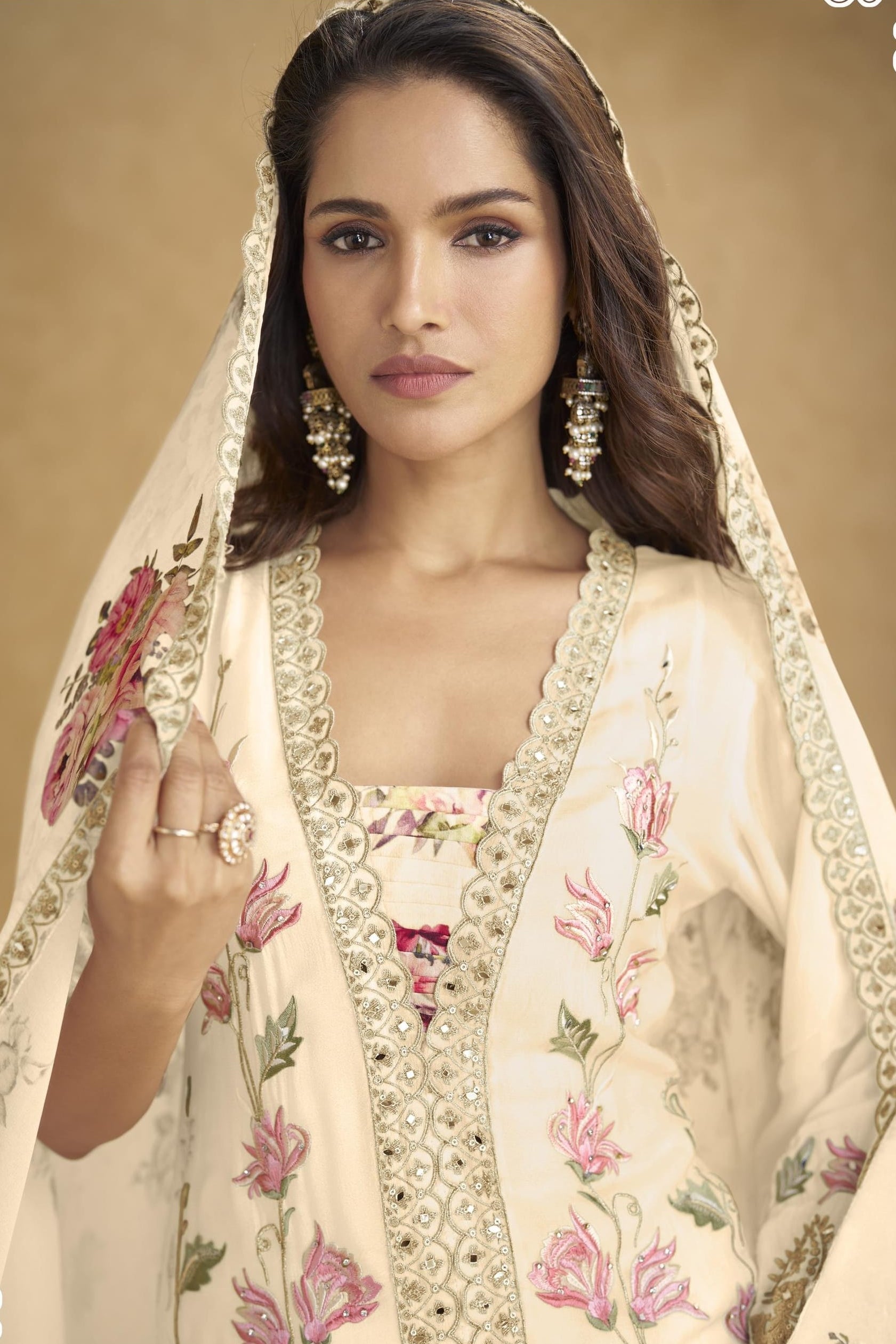 Cream Chinon Silk Flower Pastel Plazo Suits For Indian & Pakistani Wedding Festival - Sequins & Thread Embroidery Work, Print Work