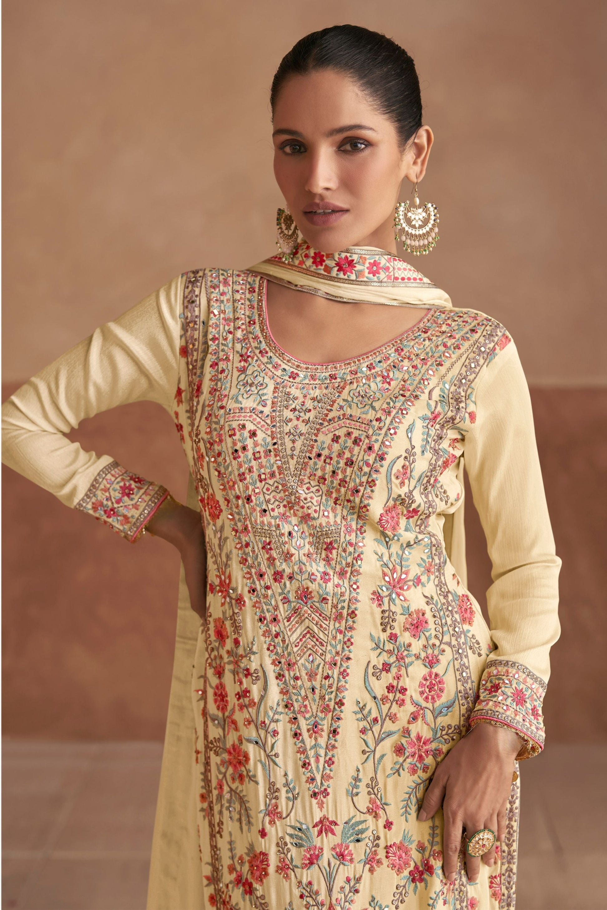 Cream Chinon Silk Kameez with Pant For Indian Festivals & Weddings - Embroidery Work