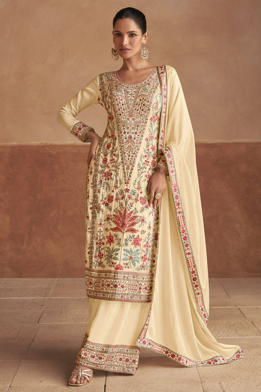 Cream Chinon Silk Kameez with Pant For Indian Festivals & Weddings - Embroidery Work