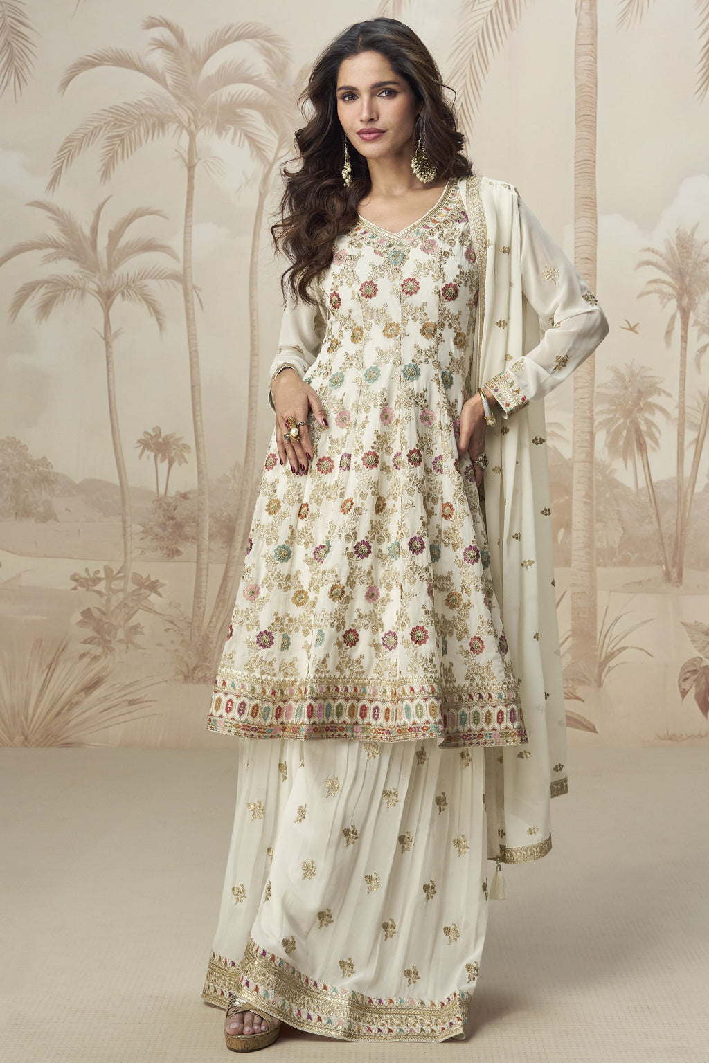 Cream Georgette Palazzo Suit For Indian & Pakistani Wedding Festival - Embroidery Work