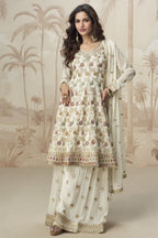 Cream Georgette Palazzo Suit For Indian & Pakistani Wedding Festival - Embroidery Work