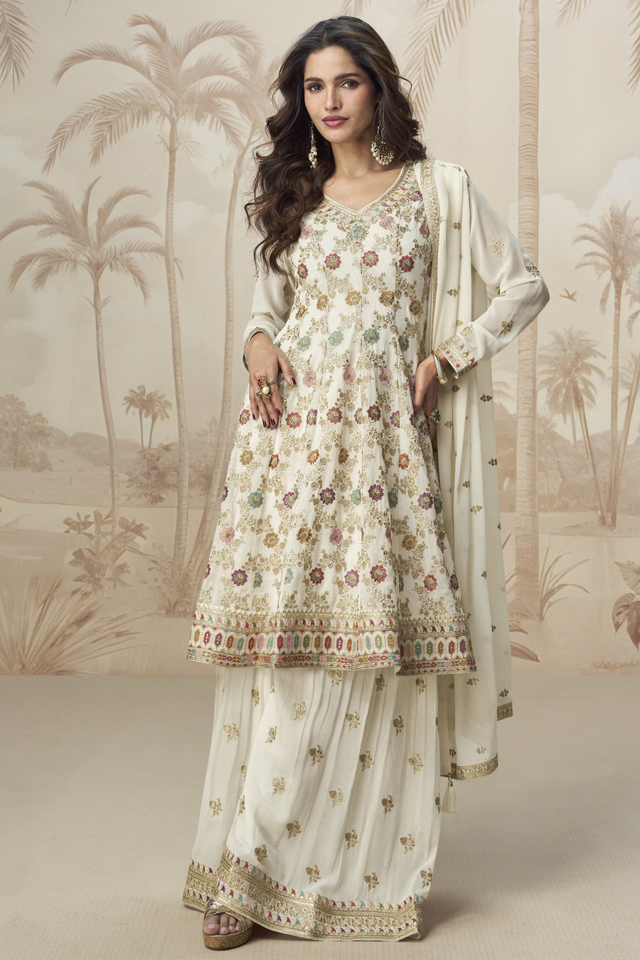 Cream Georgette Palazzo Suit For Indian & Pakistani Wedding Festival - Embroidery Work