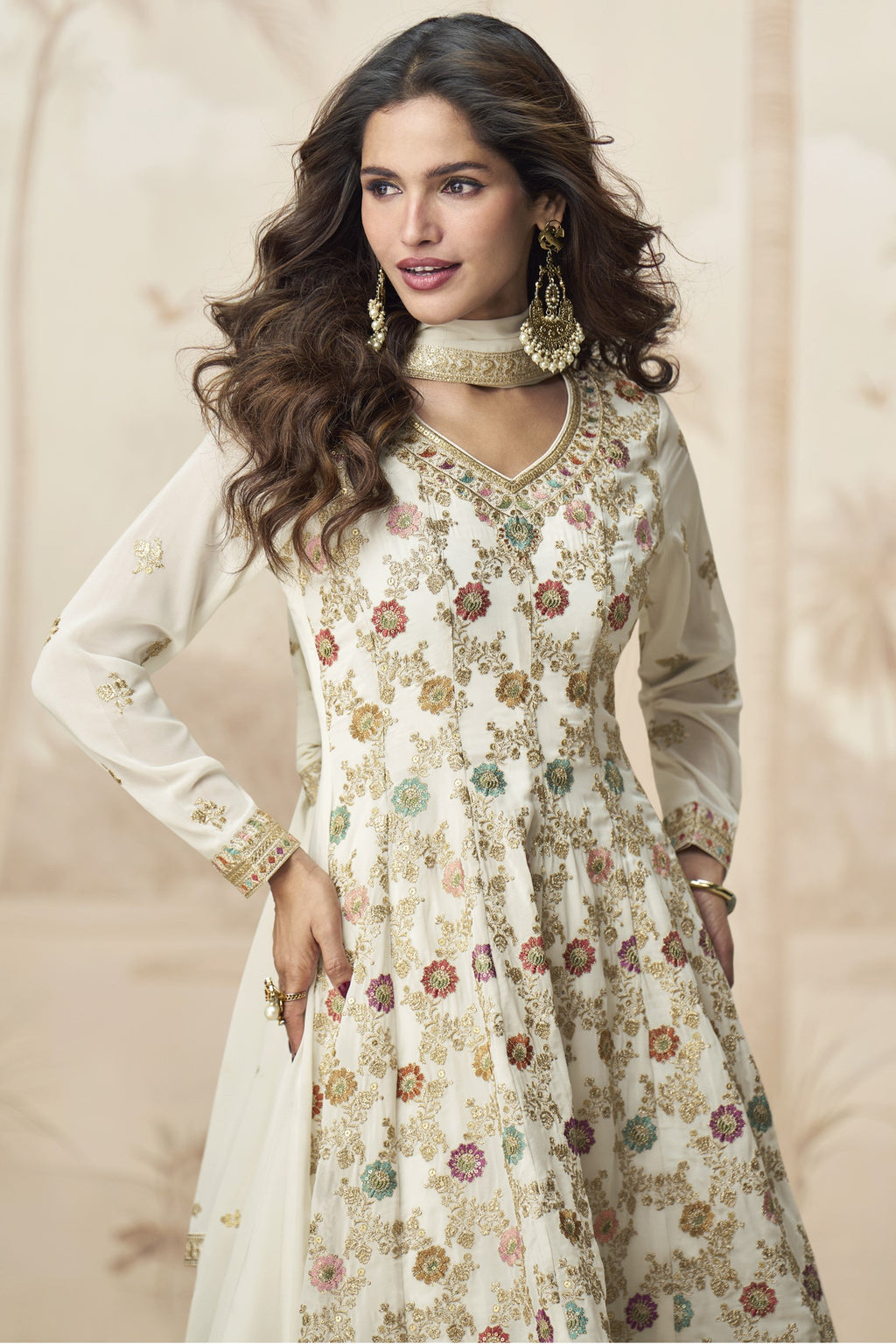Cream Georgette Palazzo Suit For Indian & Pakistani Wedding Festival - Embroidery Work