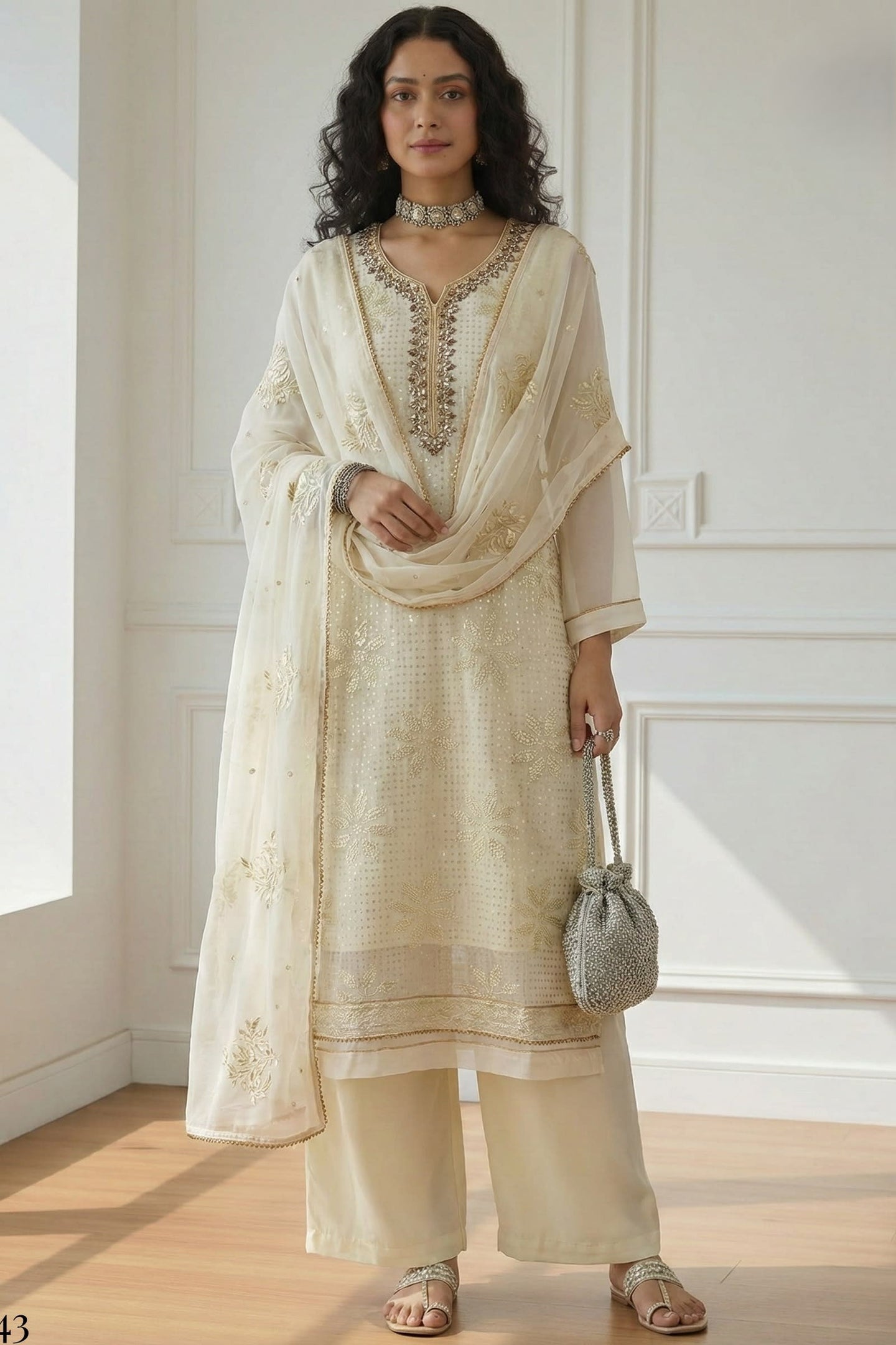 Cream Georgette Kameez With Pant For Indian & Pakistani Wedding Festival - Sequins & Thread Embroidery Work, Khatli Work