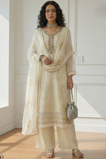 Cream Georgette Kameez With Pant For Indian & Pakistani Wedding Festival - Sequins & Thread Embroidery Work, Khatli Work