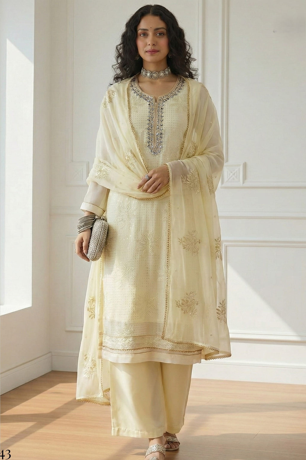 Cream Georgette Kameez With Pant For Indian & Pakistani Wedding Festival - Sequins & Thread Embroidery Work, Khatli Work