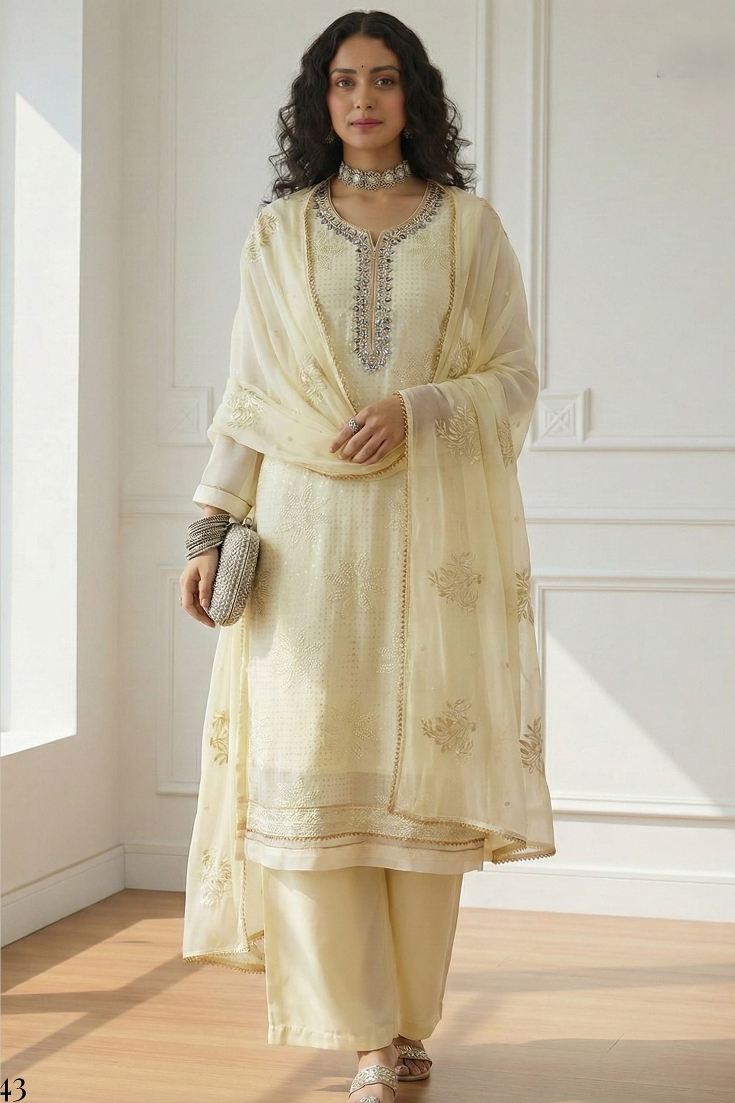 Cream Georgette Kameez With Pant For Indian & Pakistani Wedding Festival - Sequins & Thread Embroidery Work, Khatli Work