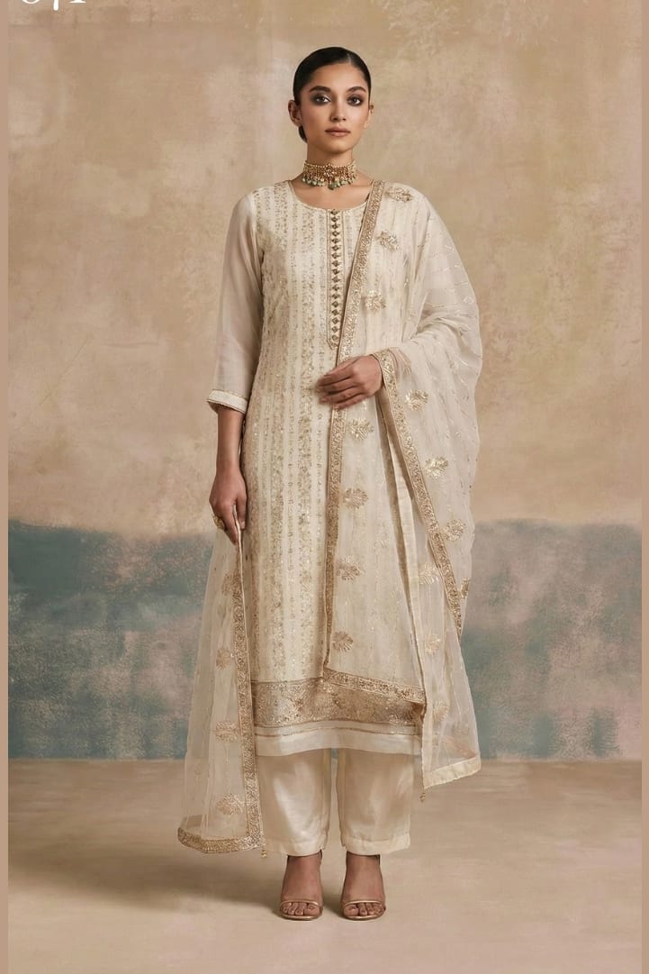 Cream Georgette Kameez With Pant For Indian & Pakistani Wedding Festival - Thread & Sequins Embroidery Work, Khatli Work