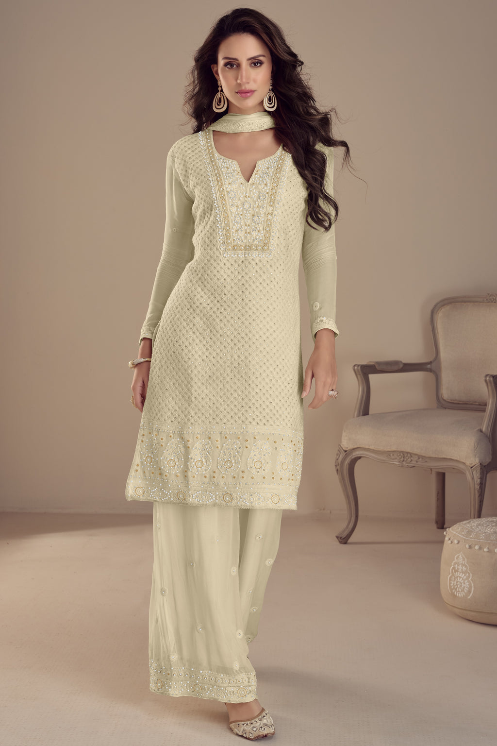 Cream Georgette Kameez With Pant For Ladies Indian Festivals & Weddings -Embroidery Work