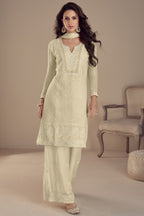 Cream Georgette Kameez With Pant For Ladies Indian Festivals & Weddings -Embroidery Work