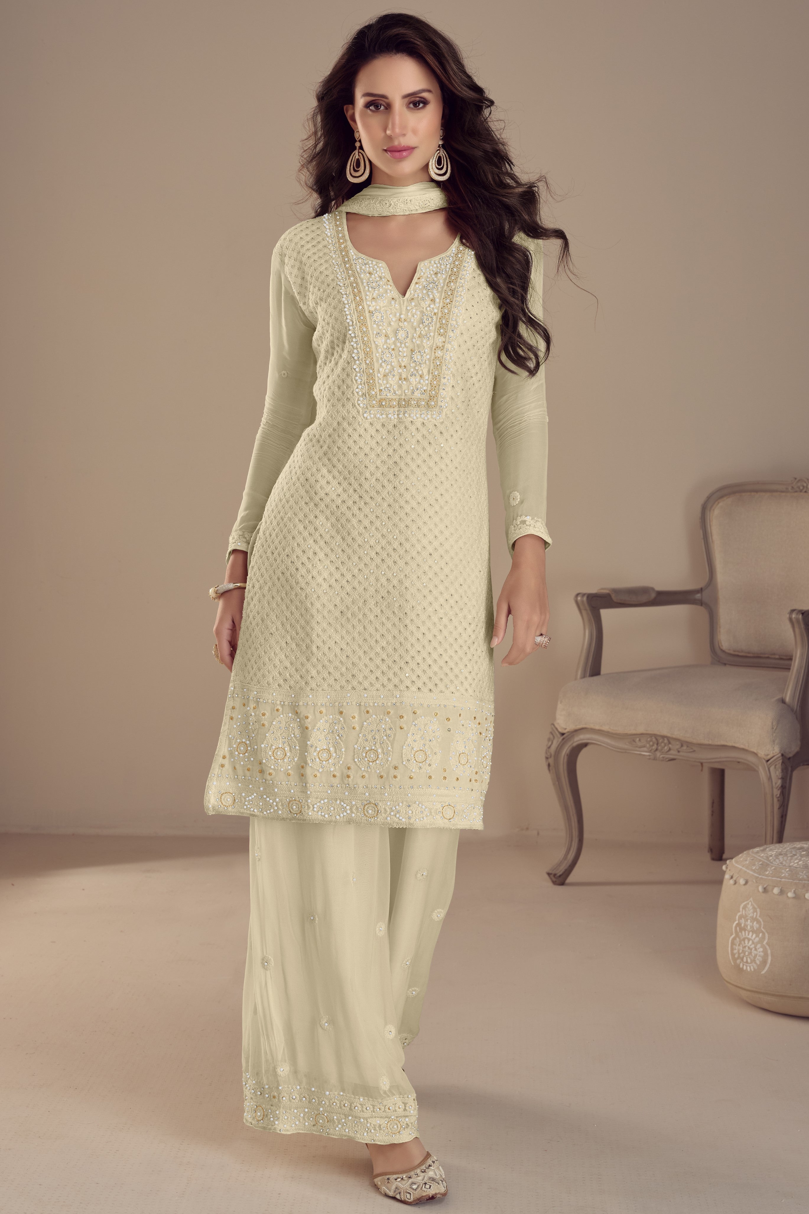 Cream Georgette Kameez With Pant For Ladies Indian Festivals & Weddings -Embroidery Work