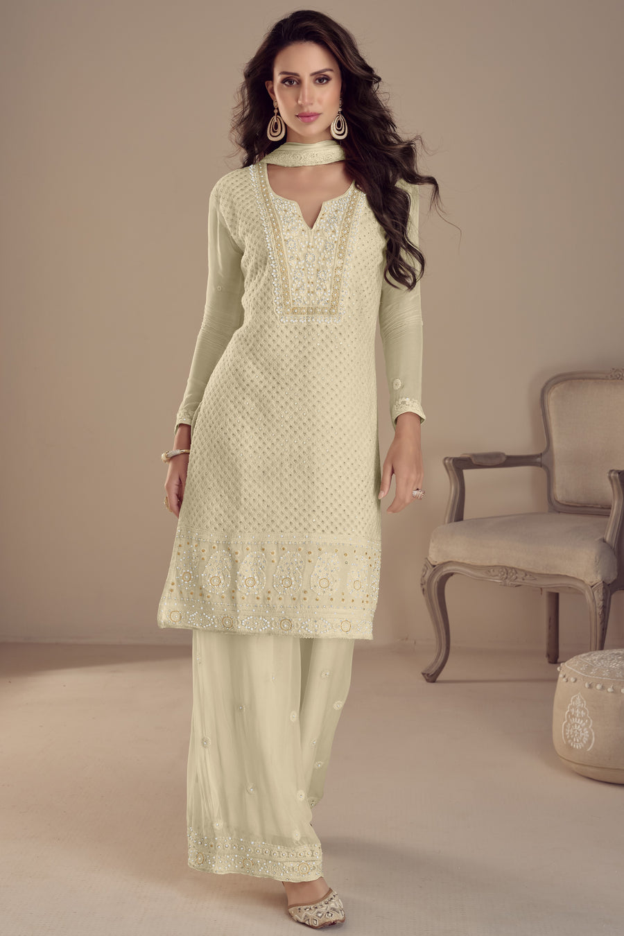 Cream Georgette Kameez With Pant For Ladies Indian Festivals & Weddings -Embroidery Work