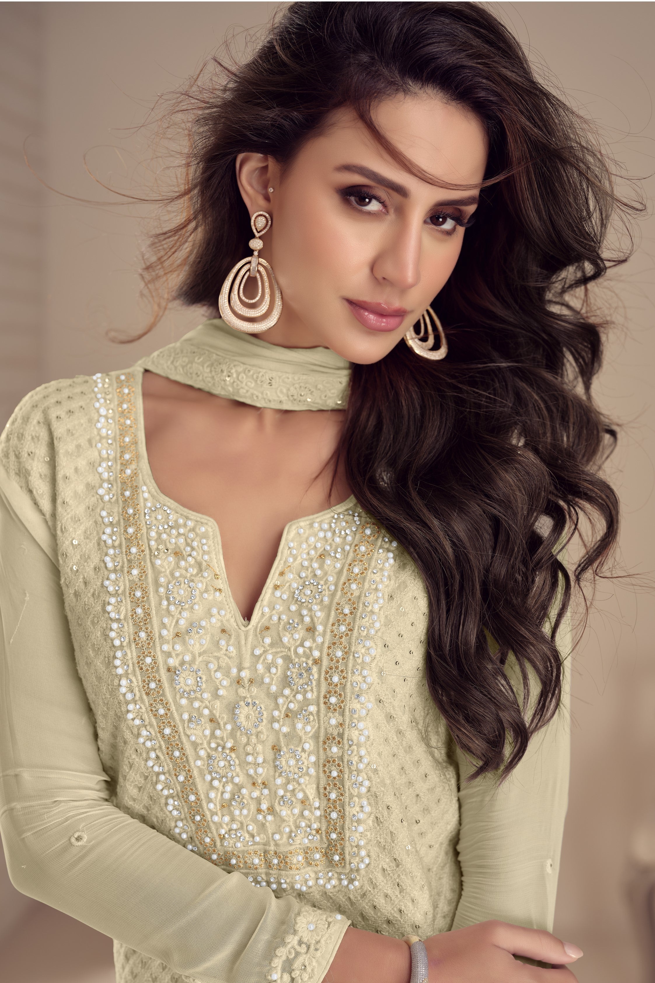 Cream Georgette Kameez With Pant For Ladies Indian Festivals & Weddings -Embroidery Work