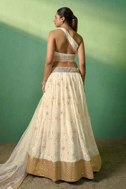 Cream Pakistani Georgette Lehenga Choli For Indian Festivals & Weddings - Sequence Embroidery Work, Thread Embroidery Work,
