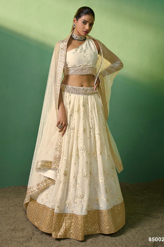 Cream Pakistani Georgette Lehenga Choli For Indian Festivals & Weddings - Sequence Embroidery Work, Thread Embroidery Work,