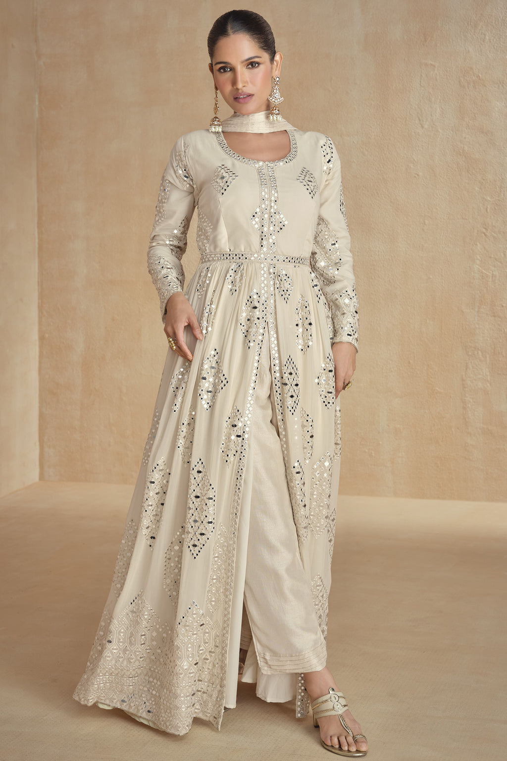 Cream Georgette Long Anarkali White Colour Suit with Front Slit for Sangeet