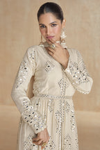 Cream Georgette Georgette Long Anarkali Suit with Front Slit For Indian Festivals & Pakistani Weddings Dress - Embroidery Work