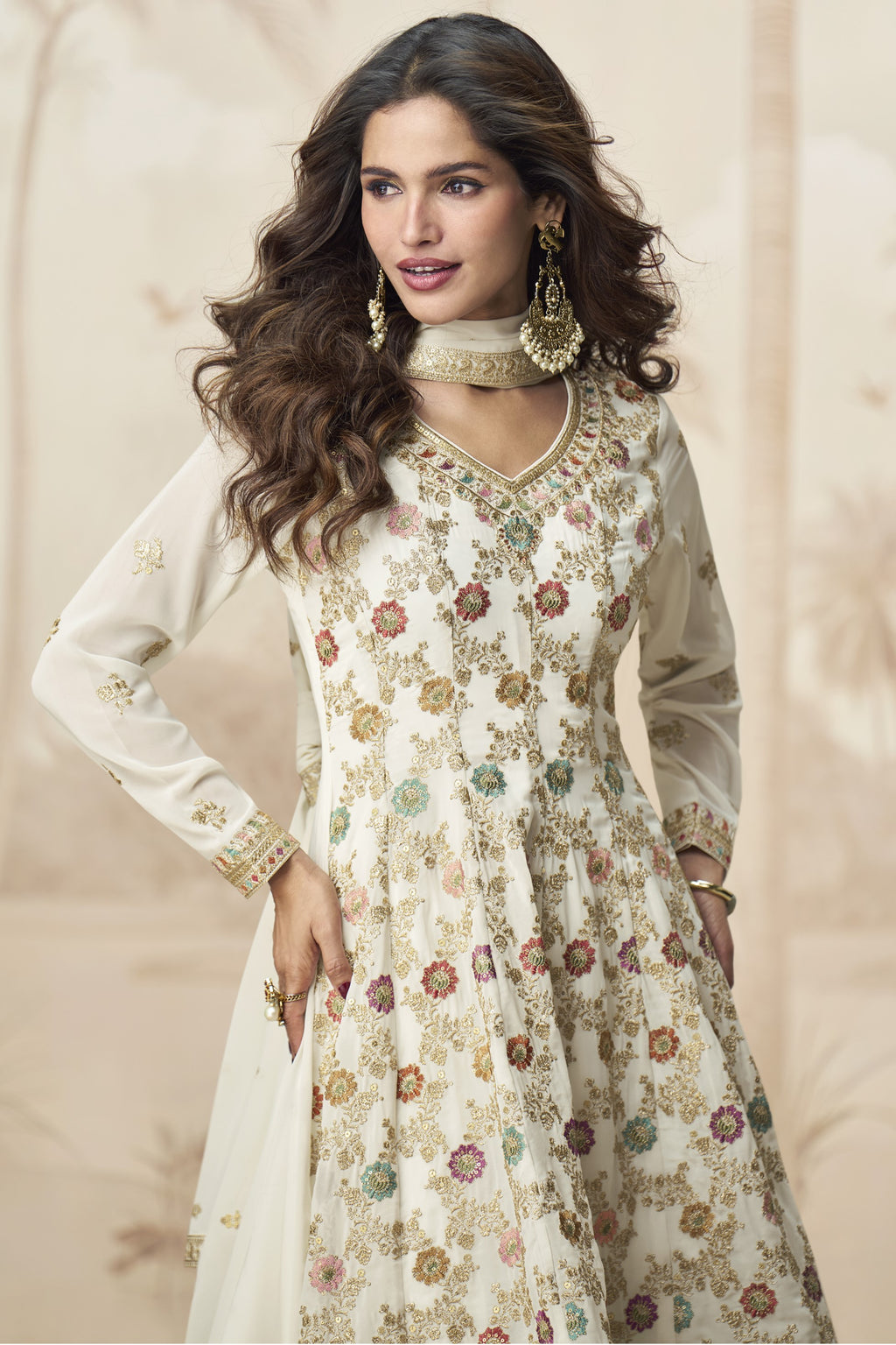 Cream Georgette Palazzo Suit For Indian & Pakistani Wedding Festival - Embroidery Work