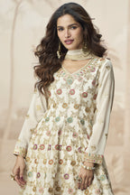 Cream Georgette Palazzo Suit For Indian & Pakistani Wedding Festival - Embroidery Work