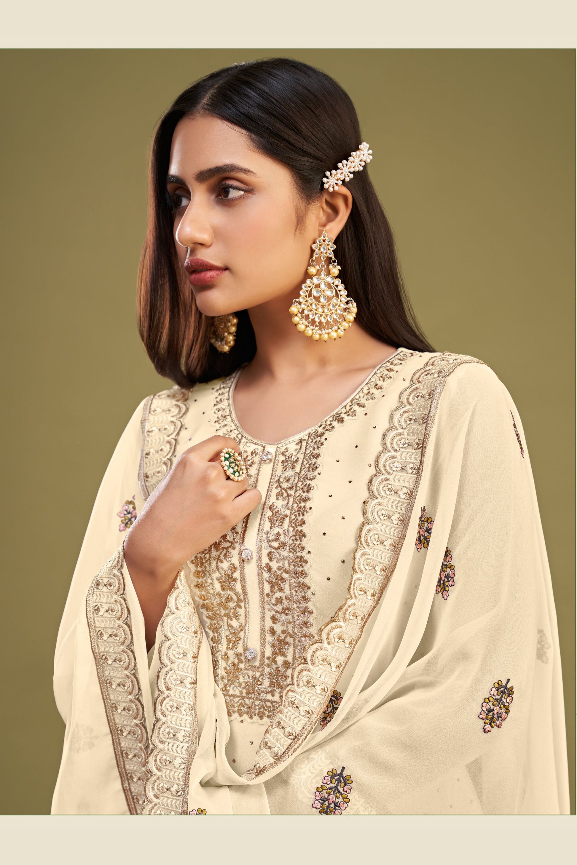 Cream Georgette Plus Size Upto 7XL Size Salwar Kameez For Indian Festivals & Pakistani Weddings - Thread Embroidery Work, Swarovski Work