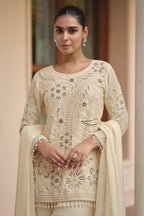 Cream Georgette Short Kurta Set with Dupatta - Sequin and Moti Work