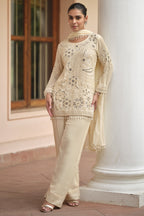 Cream Georgette Short Kurta Set with Dupatta - Sequin and Moti Work