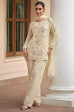 Cream Georgette Short Kurta Set with Dupatta - Sequin and Moti Work
