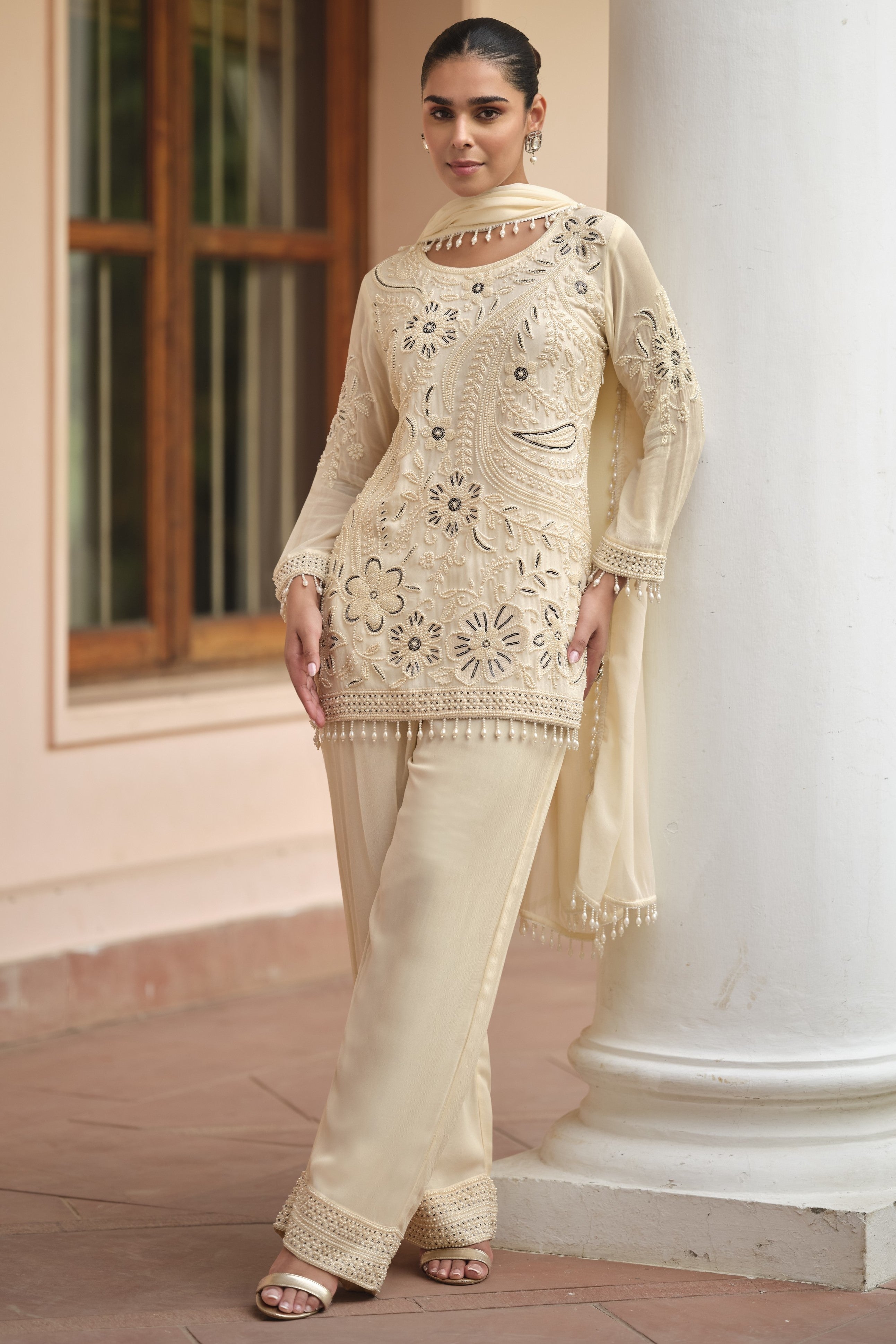Cream Georgette Short Kurta Set with Dupatta - Sequin and Moti Work