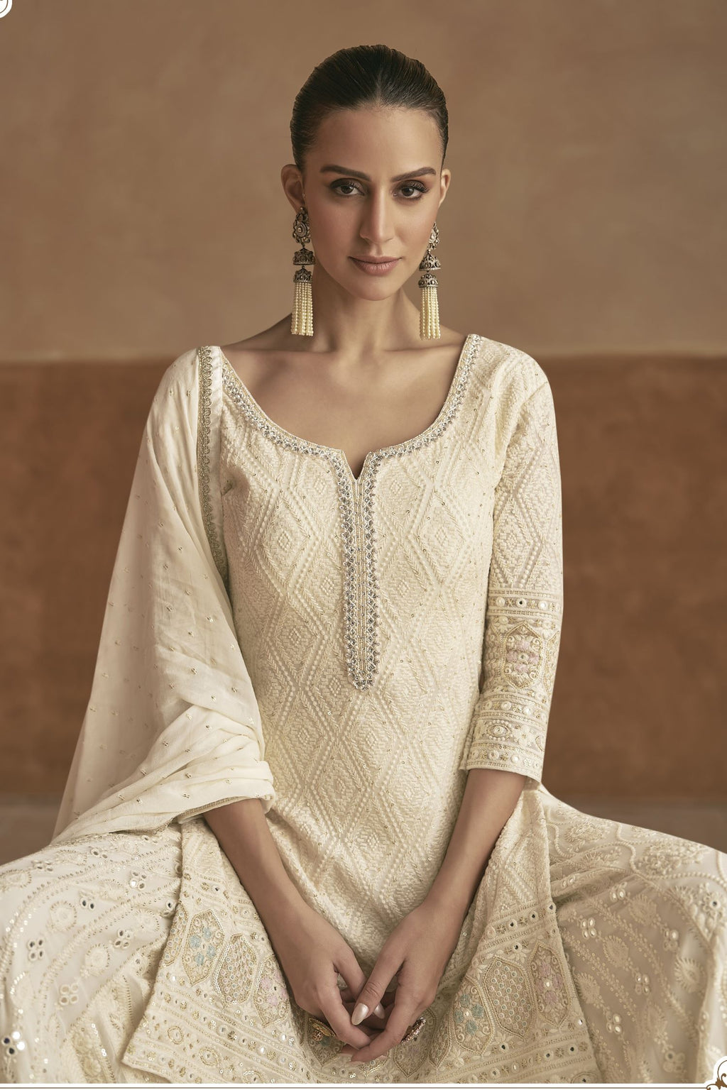 Cream Georgette Thread Embroidery Latest Plazo Design for Wedding