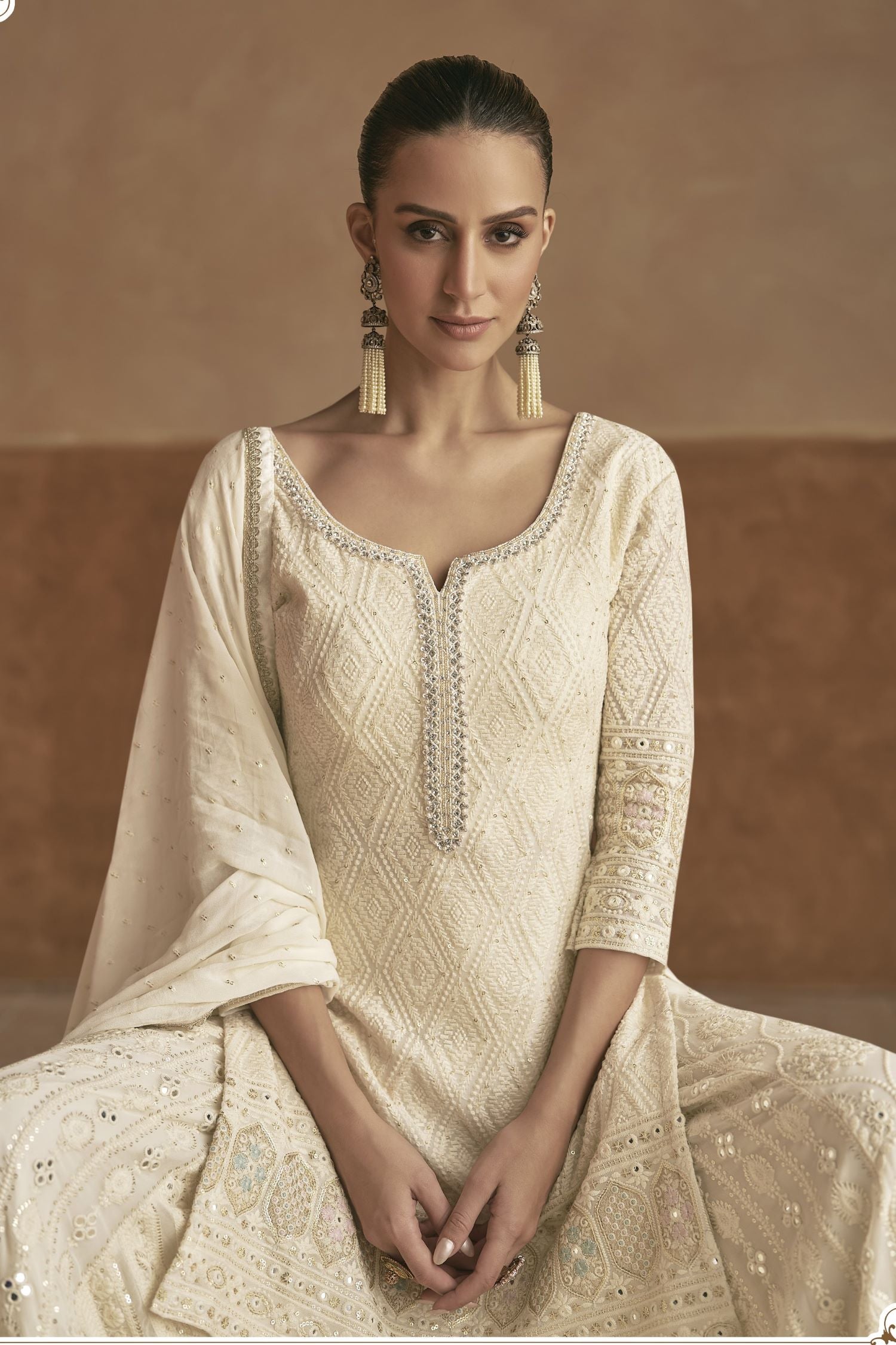 Cream Georgette Thread Embroidery Latest Plazo Design for Wedding